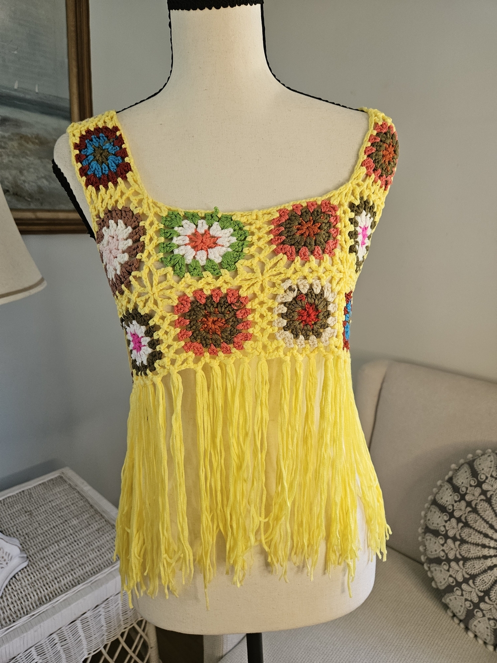 Boho Yellow Crochet Fringe Tank Top with Multicolor Granny Squares